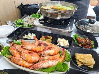 Korean Seafood. Grilled Shrimp on a Plate