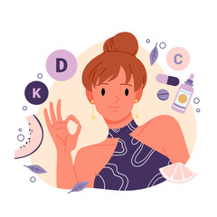 Food, dietary supplements, cosmetics enriched with vitamins for healthy lifestyle. Happy girl showing okay gesture to K D C vitamins and capsules, fruit and serum bottle cartoon vector illustration