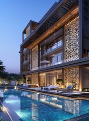 Obraz premium Luxury Modern Villa Exterior Evening View