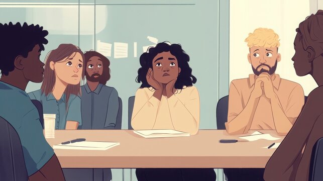 employees at a meeting, with one person feeling uncomfortable due to a dismissive comment from a colleague