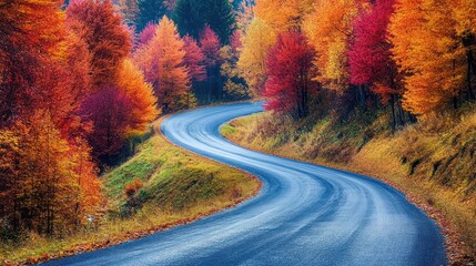 Naklejka premium A winding paved road through a colorful autumn forest.