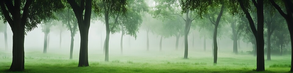 Fototapeta premium A serene, foggy forest clearing with a wide area for text