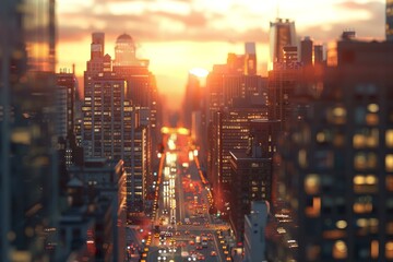 Obraz premium Sunset City Skyline with Blurry Effect