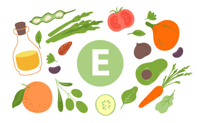 Food with vitamin E infographic banner design. Letter E in ball and group of healthy natural various fruits and vegetables, peanut and olive oil, avocado and asparagus cartoon vector illustration