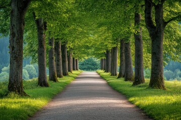 A winding path through a lush green tree-lined avenue.