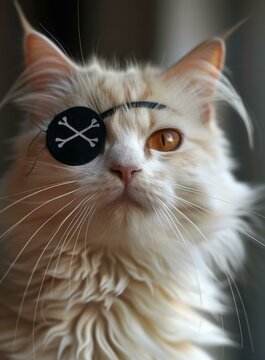A ginger cat wearing an eye patch with a skull and crossbones on it