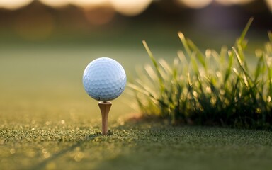 Elegant Golf Ball and Tee Set Against a Backdrop of Sunlit Green Grass