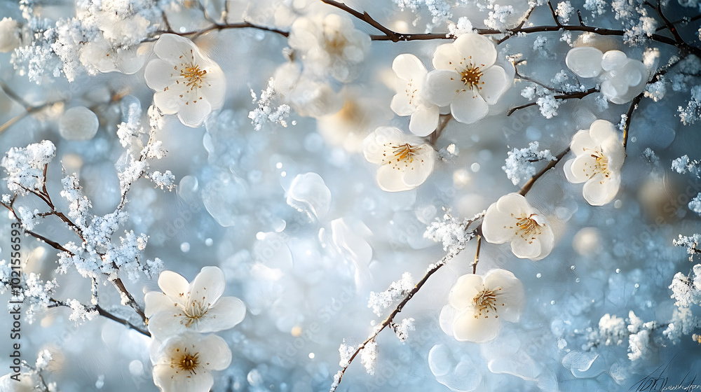 Sticker A painting featuring several white blooms against a backdrop of blue and white, with snowflakes adorning the tree branches