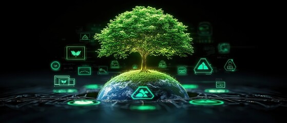 A tree growing from the Earth with green digital icons around it, symbolizing sustainability and technology.