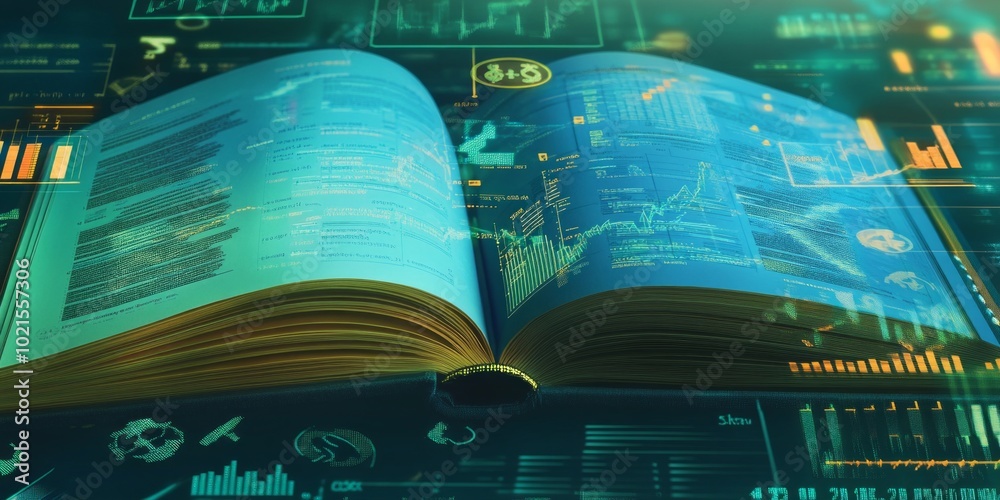 Aufkleber an open book sits on a digital backdrop filled with glowing graphs and charts. this image combines k