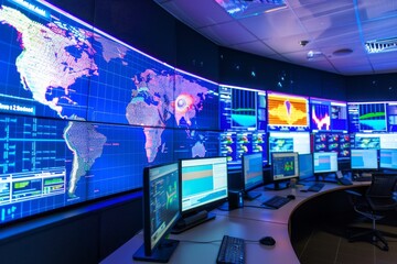 Fototapeta premium A network operations center with screens displaying global data traffic