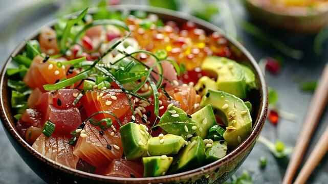 Close-up of a Hawaiian poke bowl with tuna, salmon, avocado, sesame seeds, and green onions.