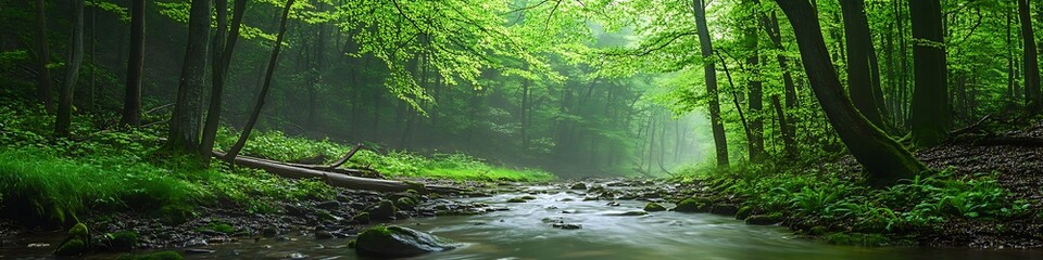 Obraz premium A serene, misty forest with a winding path and space for text