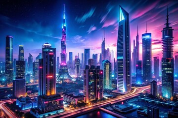 Fototapeta premium Stunning futuristic cityscape with advanced architecture, neon lights, and a vibrant skyline at night