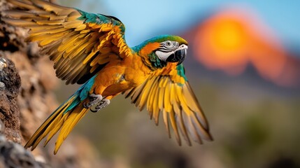 Fototapeta premium A majestic blue-and-yellow macaw glides elegantly against a fiery sunset backdrop, its vibrant plumage contrasting dramatically with the soft, colorful horizon.