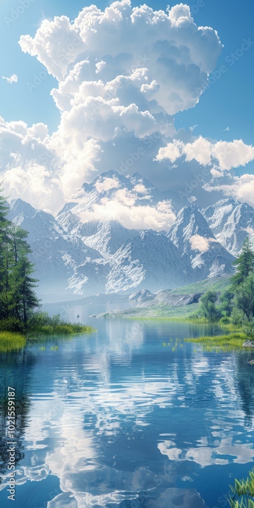 Poster Majestic Mountain Lake Scenery Under a Cloudy Sky