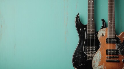 Obraz premium The image features two electric guitars with a rustic, worn finish, positioned against a distressed teal background, creating a blend of vintage and artistic ambiance.