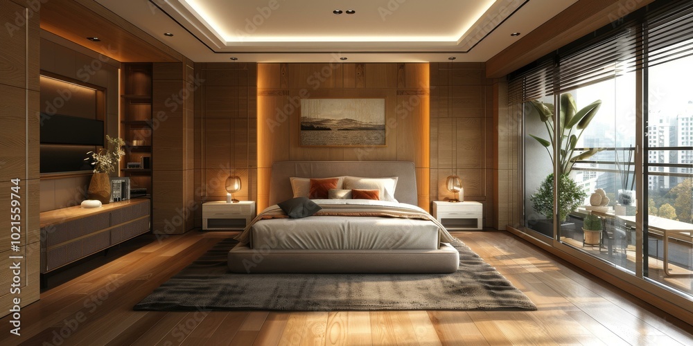 Poster Modern Wooden Bedroom Interior Design Illustration