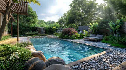 Fototapeta premium Tropical Backyard Pool Oasis Design