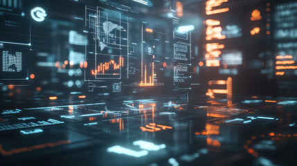 Fototapeta premium A conceptual representation of economic policy with abstract visuals digital graphs, flowcharts, and currency symbols floating in a futuristic workspace