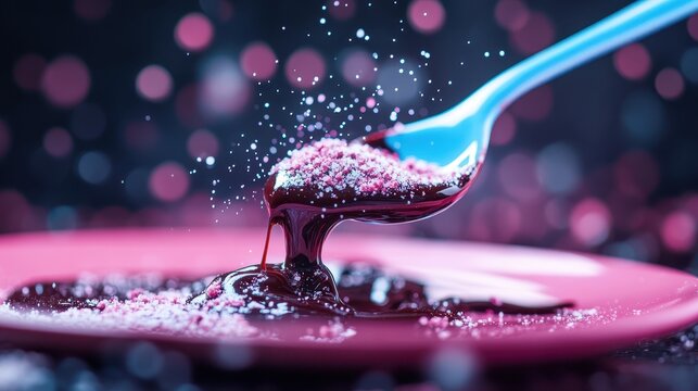 A rich, dark chocolate sauce flows smoothly off a spoon, adorned with vibrant pink sugar sprinkles, set against a contrasting background for culinary inspiration.
