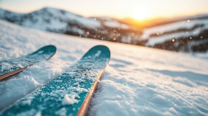 Two blue skis rest on a snow-covered slope, illuminated by the warm glow of sunrise, symbolizing the anticipation and excitement of a new day in the mountains.
