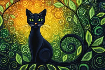 Black Cat Sitting in a Whimsical Garden with Swirling Patterns