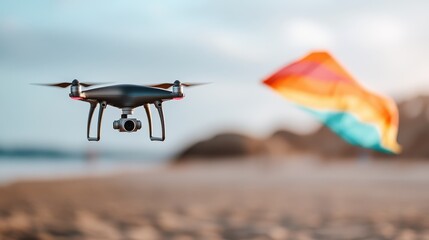 A drone captures the sky as it soars over a picturesque beach, accompanied by a colorful kite, representing exploration, freedom, and advanced technology.