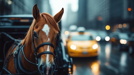 A horse in harness is seen in a busy city street on a rainy day, with a yellow taxi in the...