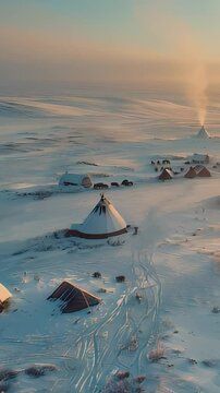 Sami village located in snowy Arctic landscape. Traditional teepees and reindeer herding depict enduring cultural heritage of northern indigenous people, strong bond with nature. Vertical video