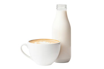 Coffee cup with heart-shaped latte art beside a milk bottle isolated on white background. Concept of coffee, dairy, and breakfast