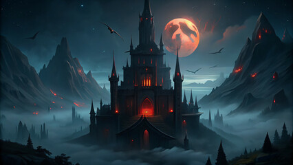 Vampire castle surrounded by fog under a blood moon, spooky halloween background