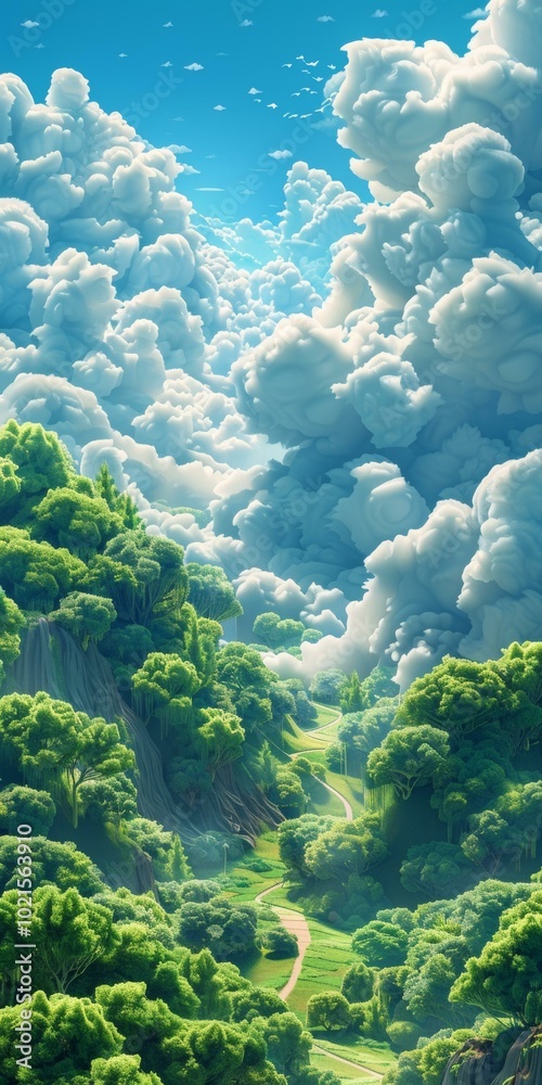 Poster A Lush Green Valley Under a Sky of Cumulus Clouds