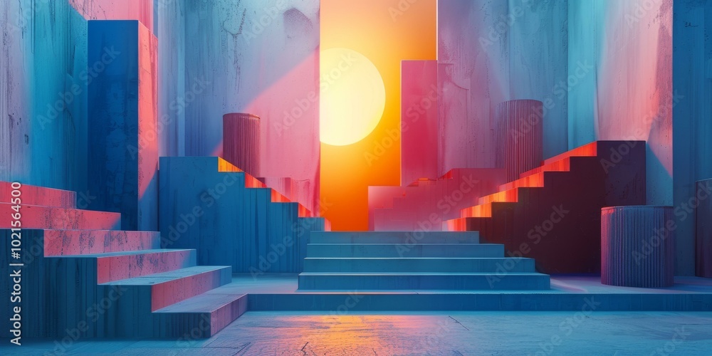 Poster Neon City Steps Abstract Illustration