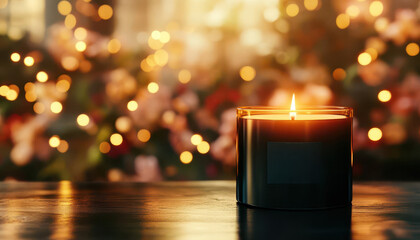 Burning Candle on Wooden Table with Bokeh Background