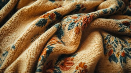 Soft and cozy cream-colored blanket with embroidered floral patterns. The warm texture of the material creates a comfortable feeling, ideal for autumn or winter evenings.