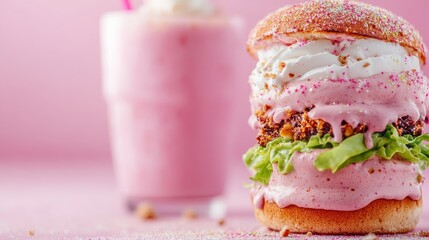 A whimsical pink-themed dessert burger piled with creamy layers and topped with confetti sprinkles, alongside a matching pink milkshake in a creative scene.