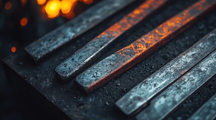 Several metal rods are arranged in an artistic, expert manner within an active forge, with flames and sparks dancing to create a vivid depiction of craftsmanship.
