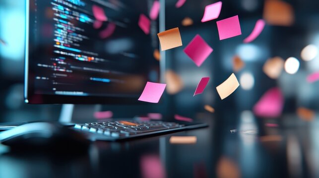 A lively workspace scene with a computer screen filled with code and multicolored sticky notes floating, capturing a sense of creativity and modern work culture.