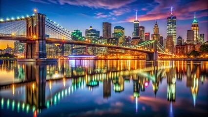 Naklejka premium Stunning Images of the Brooklyn Bridge at Night with Illuminated Skyline Reflections for Cityscape Photography Lovers