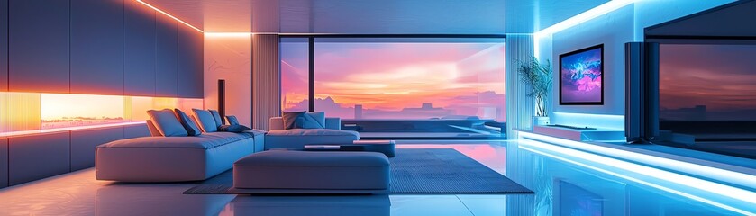 Fototapeta premium Modern living room with stunning sunset view, vibrant colors, and sleek design, perfect for interior inspiration.