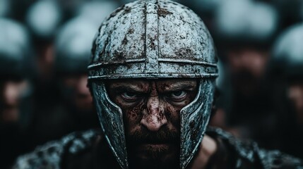 A soldier stands firm in weathered armor, his eyes fierce with determination, embodying strength and the stoic nature needed in battle, captured in medieval style.