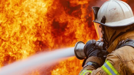 Naklejka premium A firefighter battling a raging blaze with a hose, showcasing bravery and resilience against fire's destructive force.