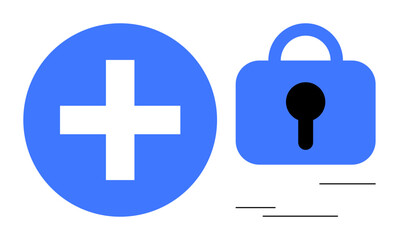 Fototapeta premium A large blue circle with a white cross next to a blue lock with a black keyhole. Digital lines suggest security protection. Ideal for healthcare privacy data protection technology security medical