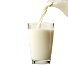 Glass poured with milk from a bottle, isolated on white background. Concept of dairy freshness and nutrition.