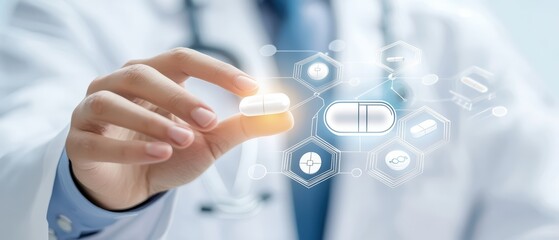 A healthcare professional holds a pill with digital interface icons representing medicine and health technology.