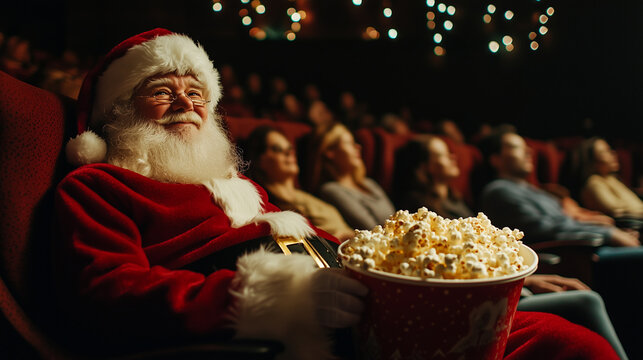 Christmas movie concept. Santa Claus enjoying a bucket of popcorn at the cinema movie theater, watching a holiday movie during the festive season, in a cozy theater. Image made using Generative AI