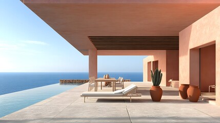 Fototapeta premium Elegant villa with terracotta roof tiles, pool, surrounded by lush gardens and overlooking the Mediterranean Sea