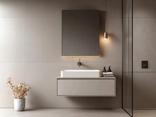 Compact bathroom with a wall-mounted sink, integrated storage, and bright lighting, functional bathroom, space-saving design