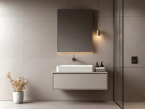 Compact bathroom with a wall-mounted sink, integrated storage, and bright lighting, functional bathroom, space-saving design
